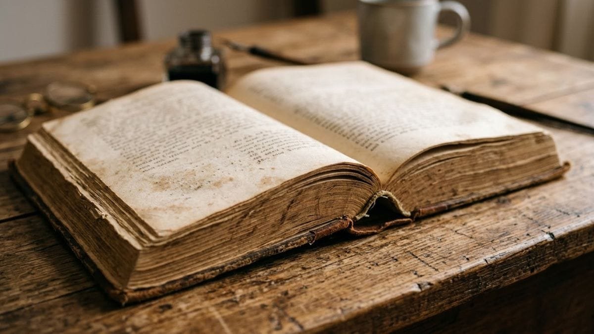 Antique book lying open on a wooden desk beside a candle