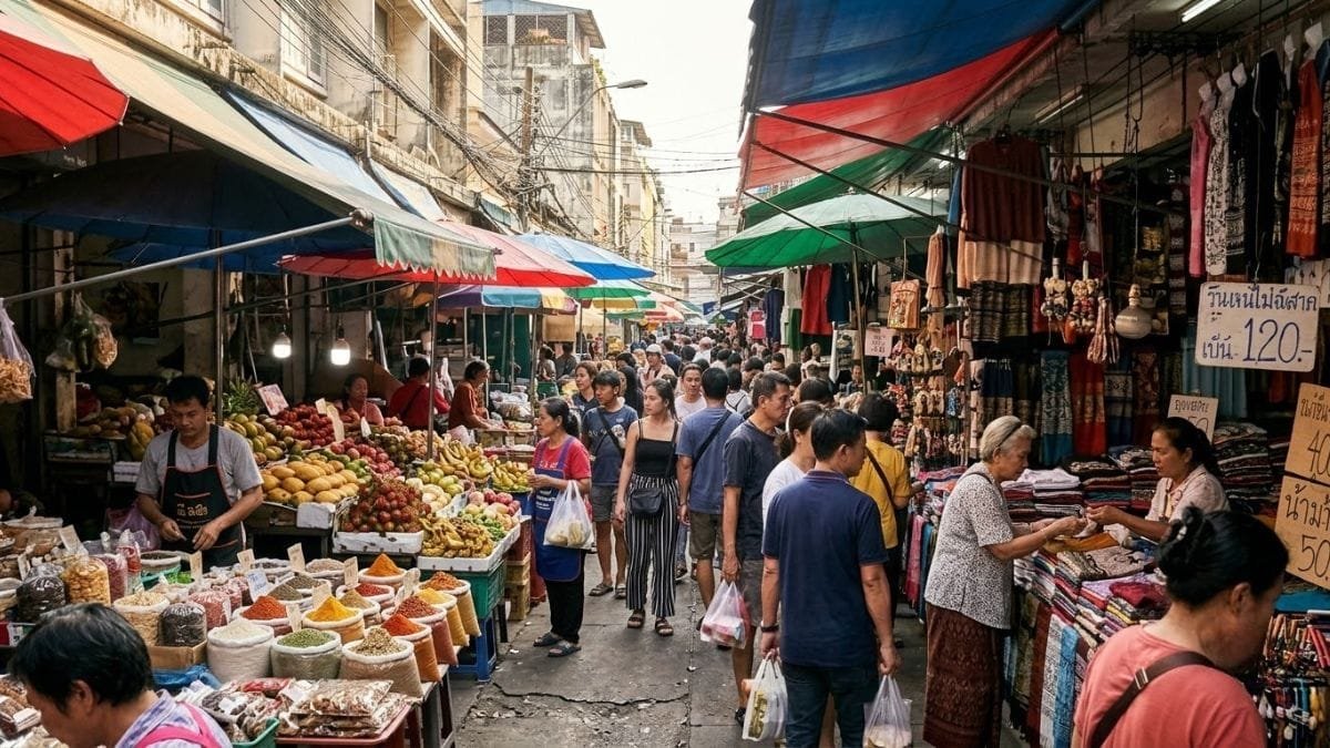 Busy market lane with colorful stalls and shoppers in warm light