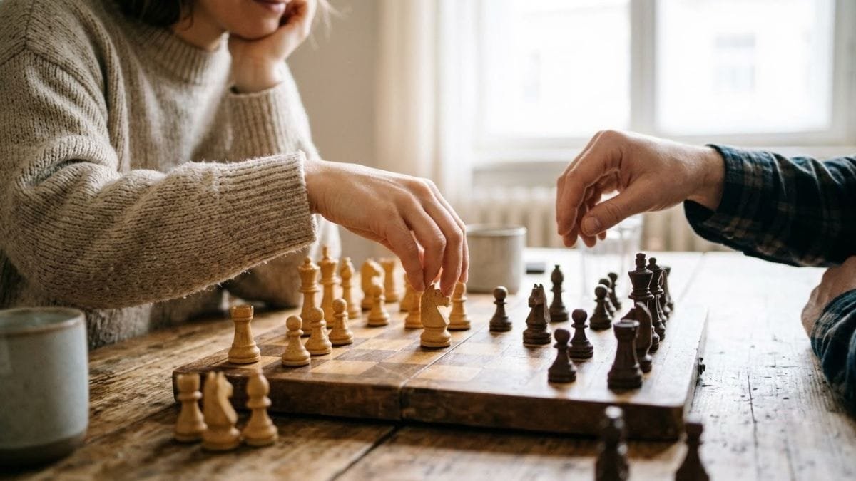 Chessboard mid-game with two hands reaching, all is fair in love and war meaning