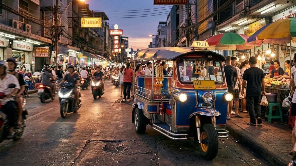 Colorful tuk-tuk parked on a busy street at dusk