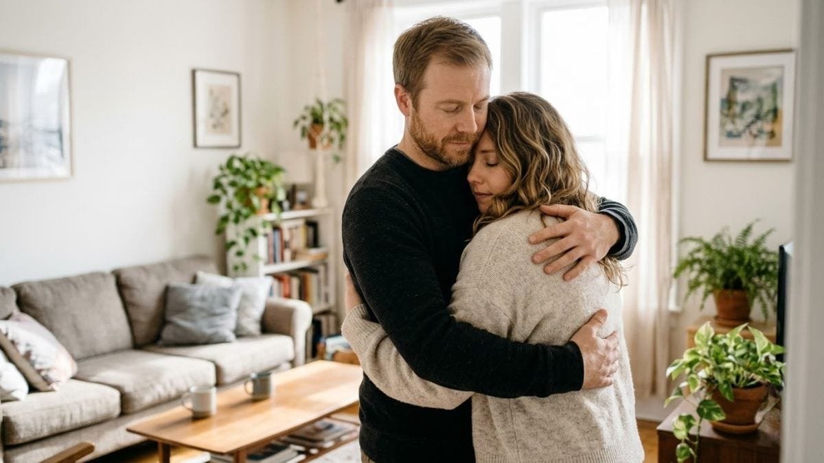 Couple embracing warmly in a bright living room near a window
