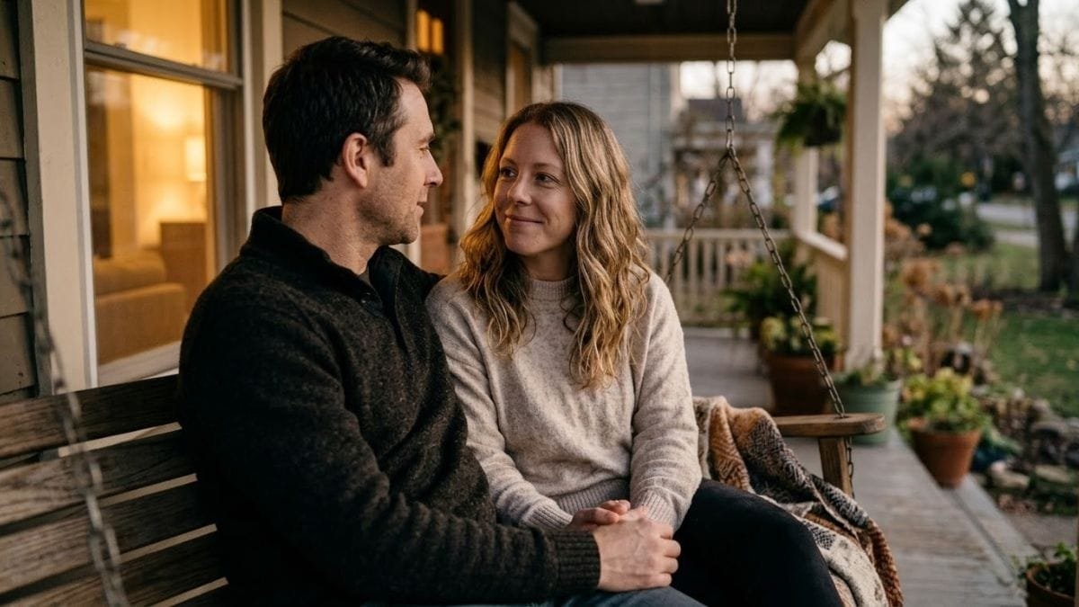 Couple sitting on a porch swing talking at dusk