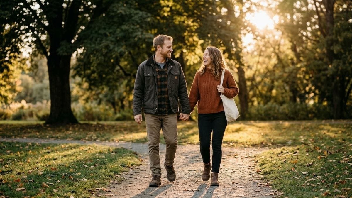 Couple walking hand in hand at sunset, signs of true love