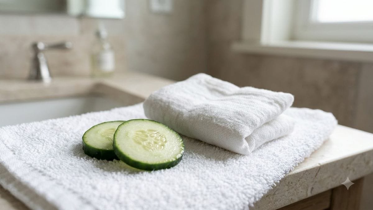 Cucumber slices and a folded cold compress on a white towel