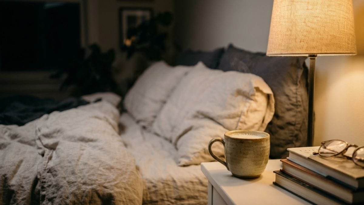 Cup of warm milk on a bedside table beside a lamp