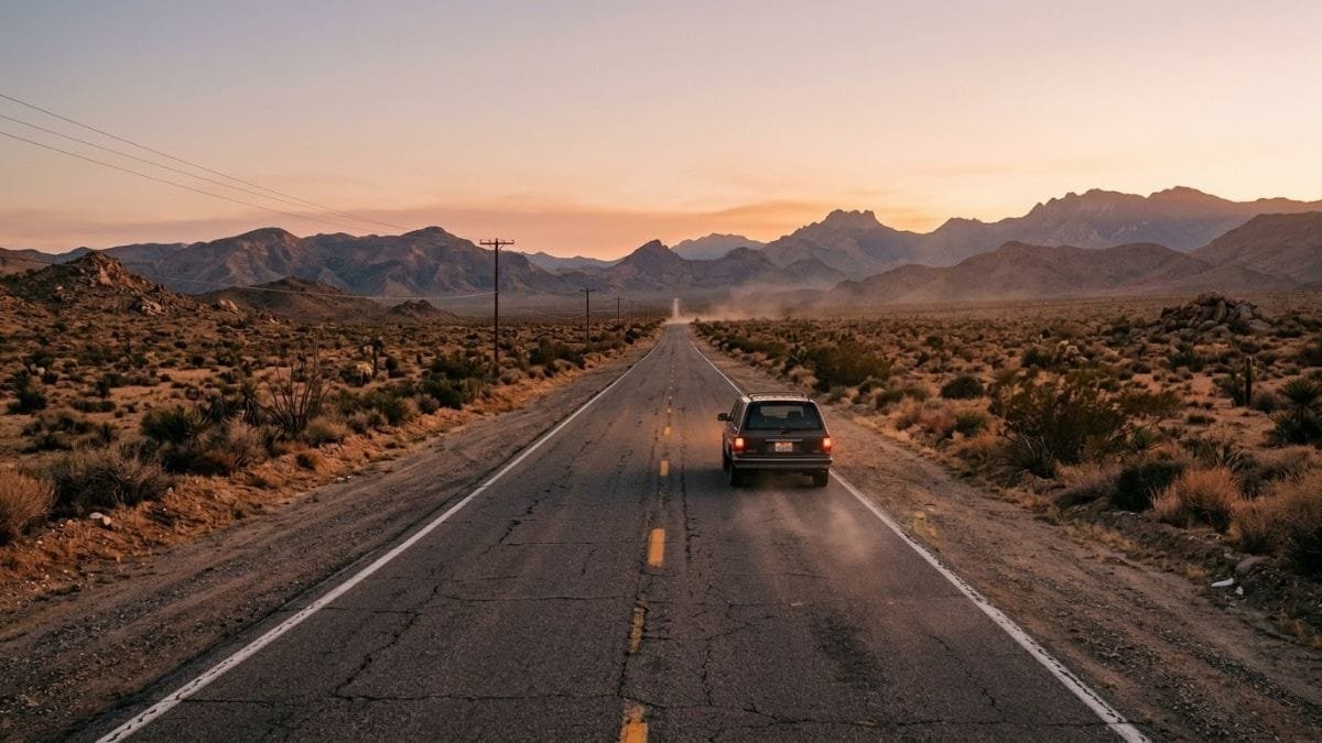 Desert highway with a single car heading toward mountains