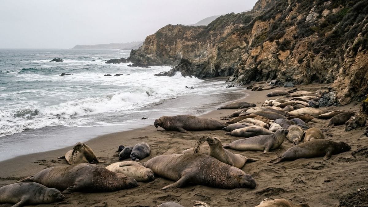 Elephant seals resting on a sandy beach along the California coast