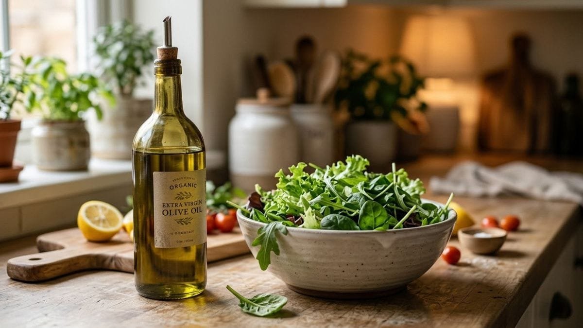Glass bottle of olive oil beside a bowl of salad greens
