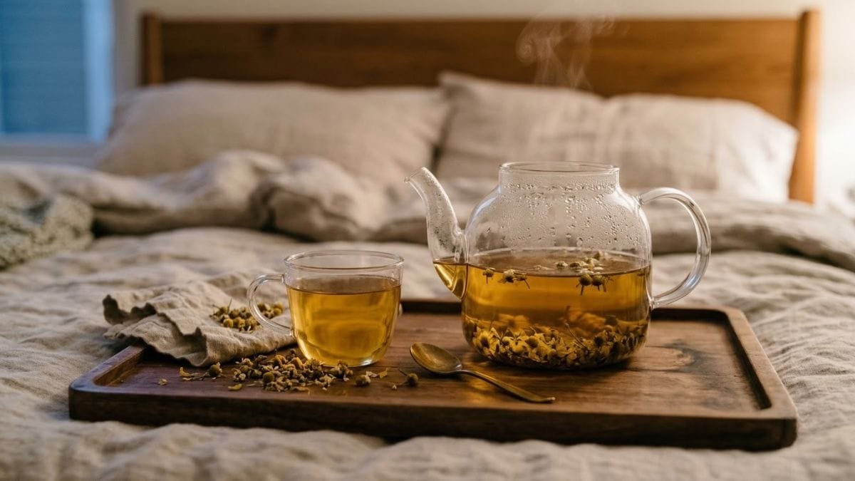 Glass teapot and cup of chamomile tea on a tray