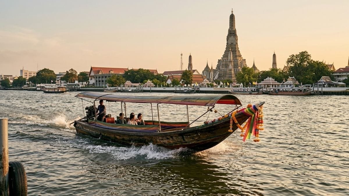 Long-tail boat on a river with a temple behind