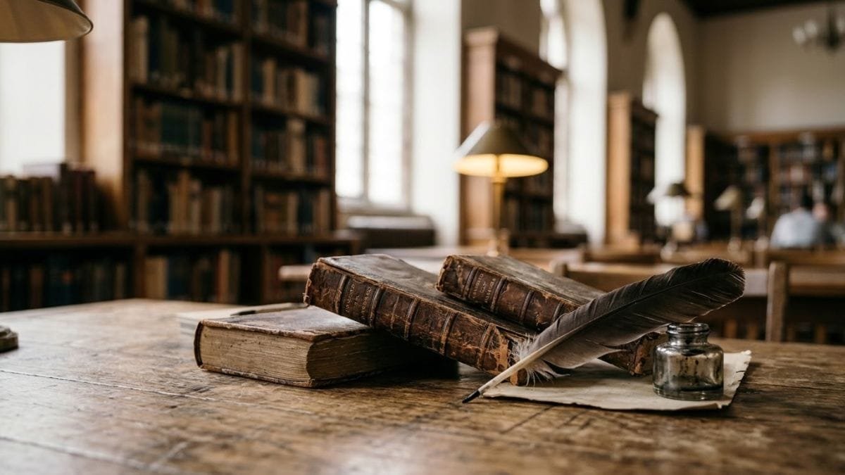 Old leather-bound books and a feather quill on a desk