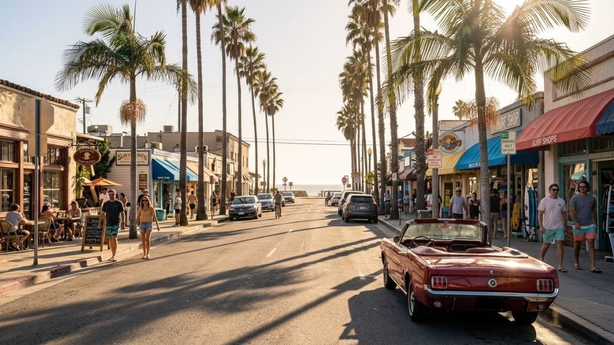 Palm trees lining a sunny beach town street with a convertible