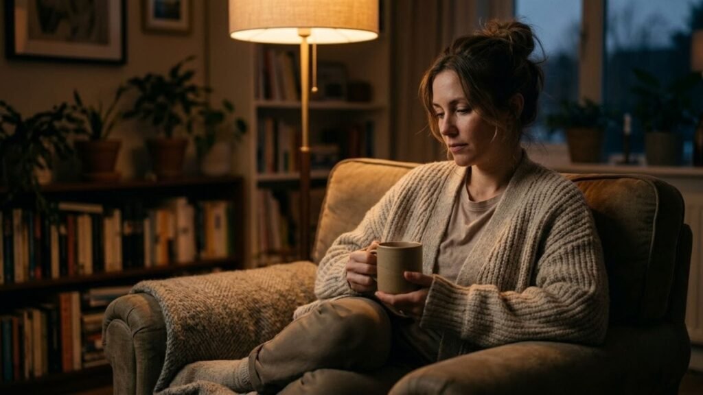 Relaxed woman holding a mug of herbal tea in the evening, drinks to help sleep