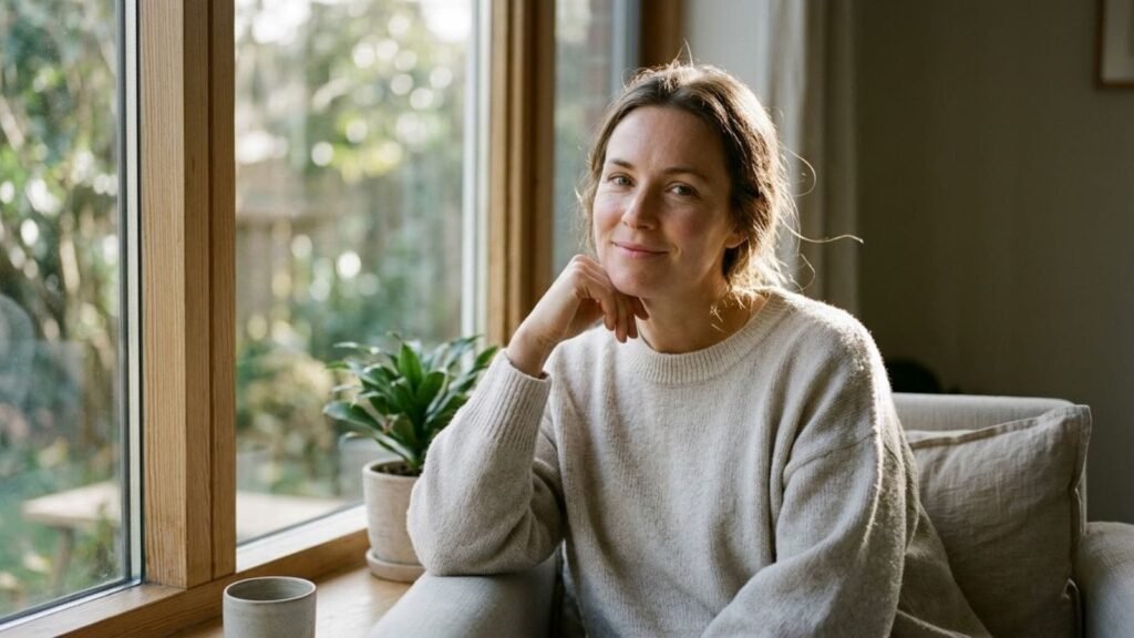 Rested woman smiling by a window, how to get rid of dark circles naturally