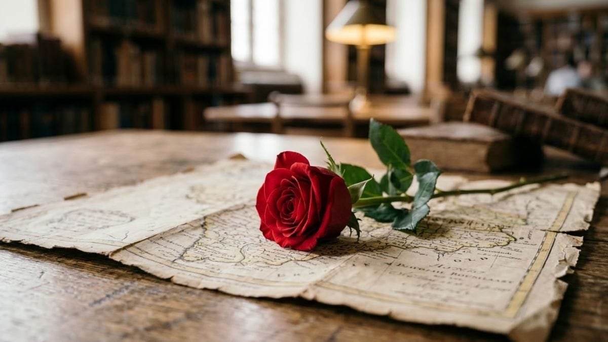 Single red rose lying on an antique map