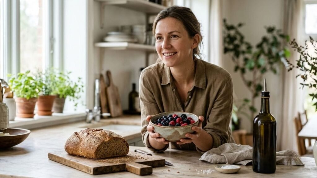 Smiling woman with berries, whole grain bread and olive oil, healthy swaps