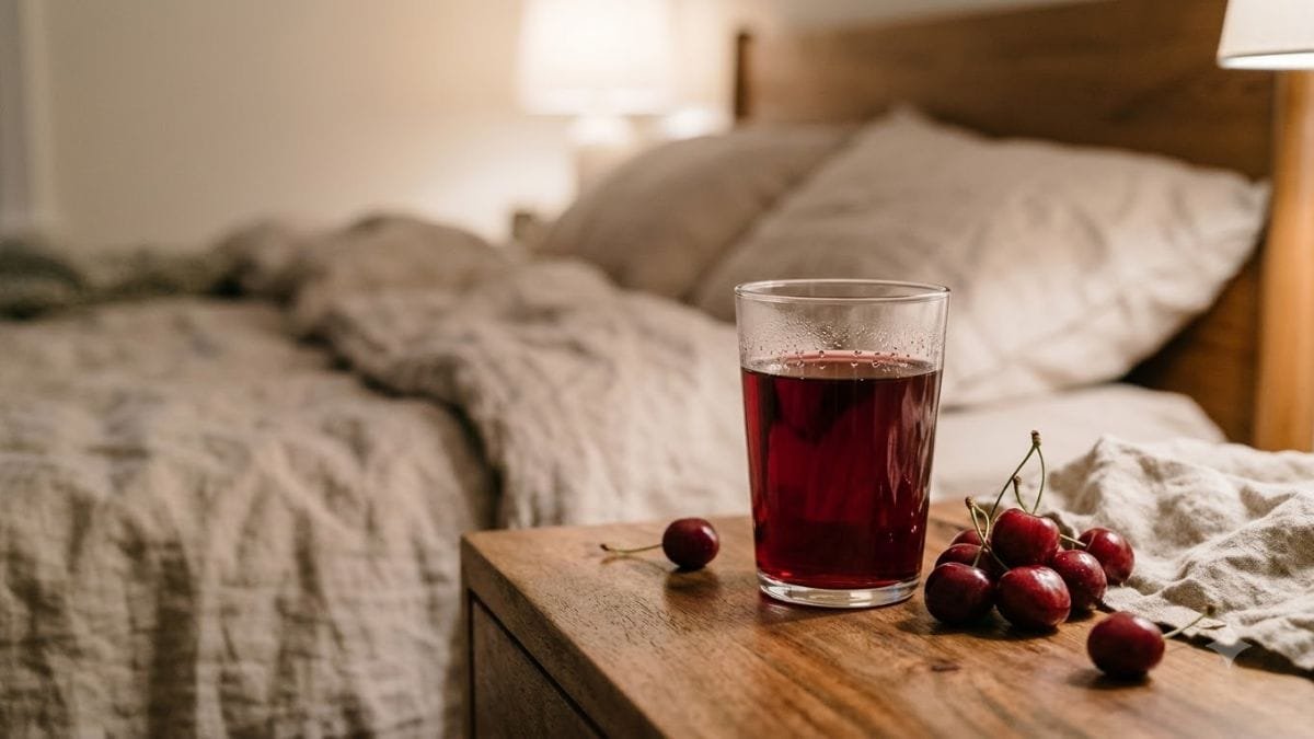 Tart cherry juice in a glass with fresh cherries, one of the drinks to help sleep
