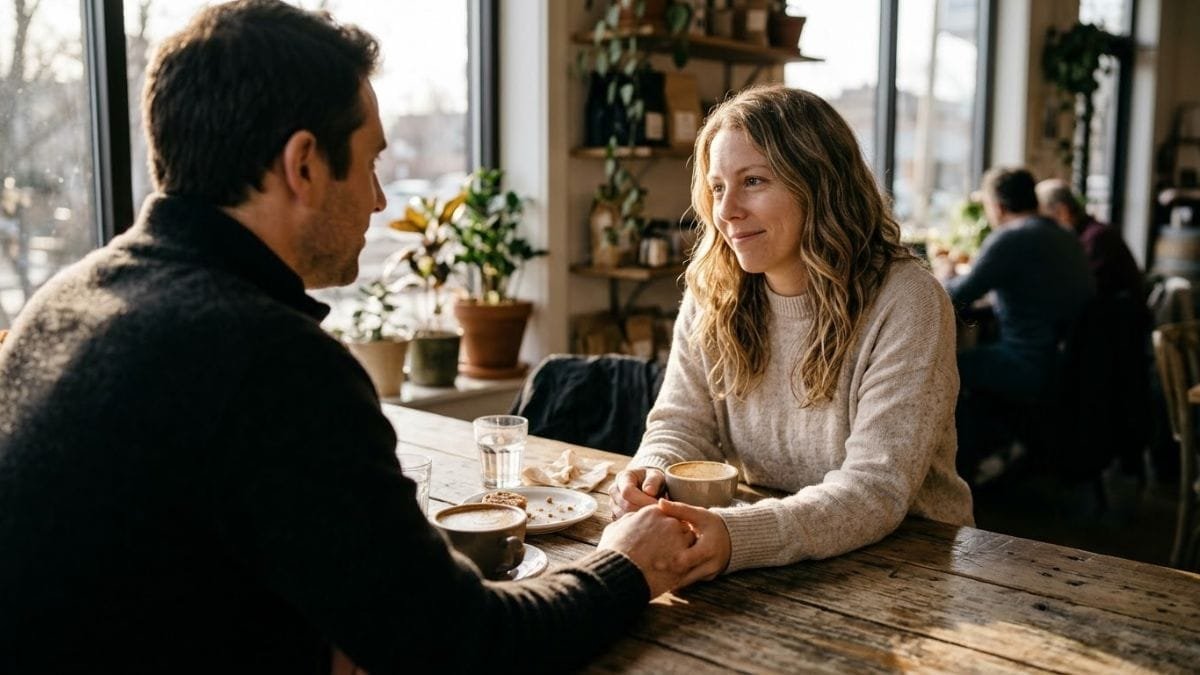 Two people holding hands across a cafe table