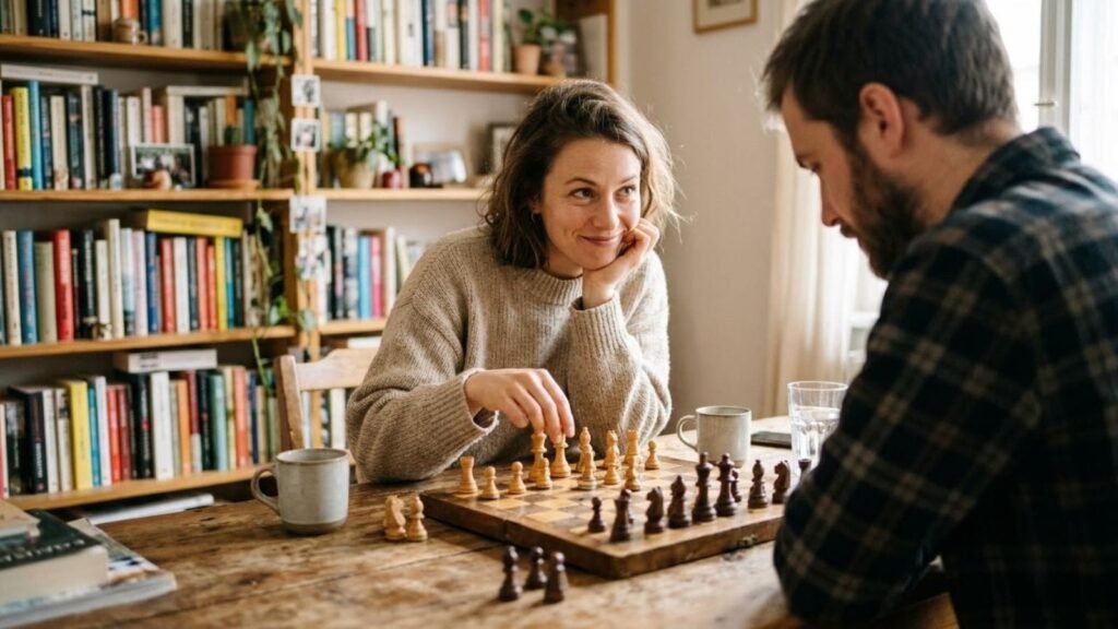 Two people playing chess with a playful smile, all is fair in love and war meaning