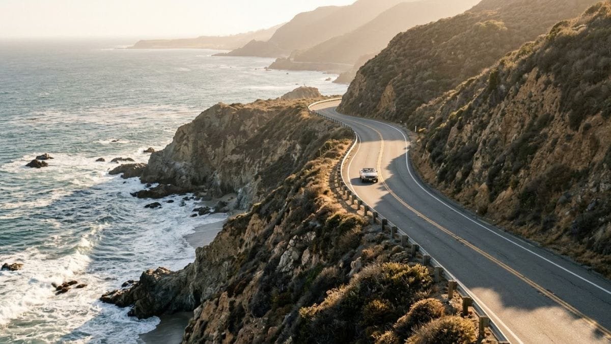 Winding coastal road along cliffs above the surf, california road trip itinerary