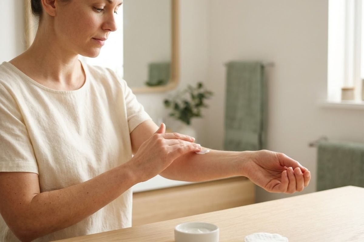 Woman patch testing a natural skincare brands product with a small dab of cream on her forearm