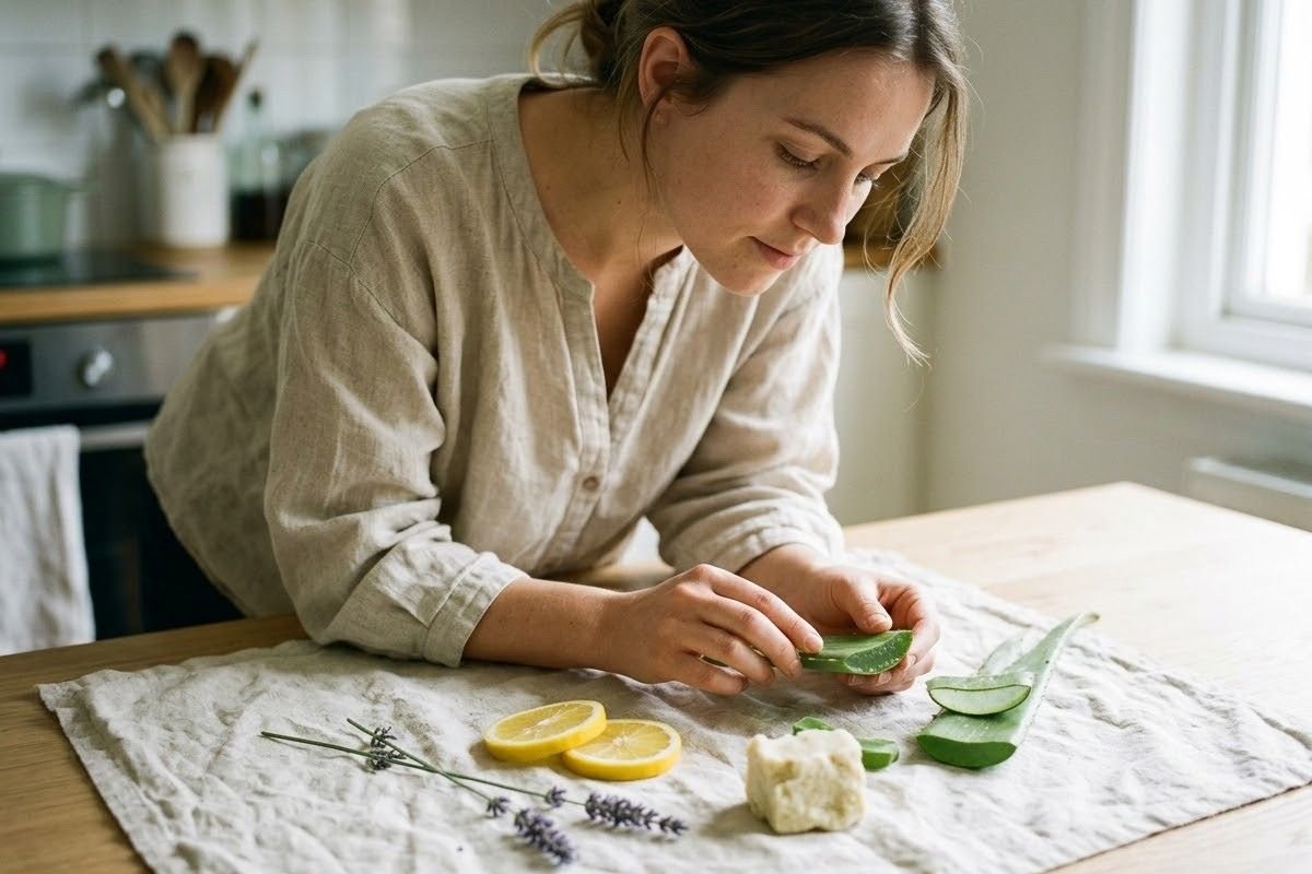 Aloe leaf, lavender sprigs and citrus slices, plant ingredients found in natural skincare brands