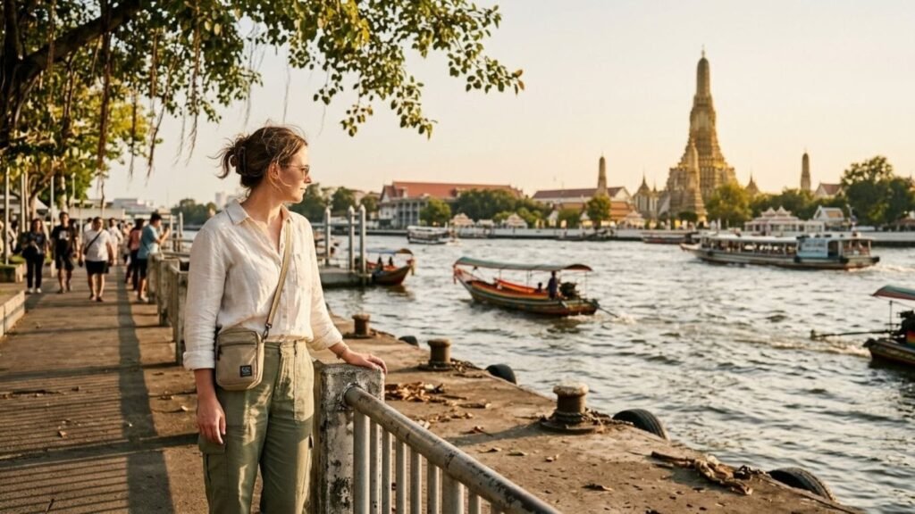 Woman by the river in Bangkok with a temple spire behind, things to do in Bangkok