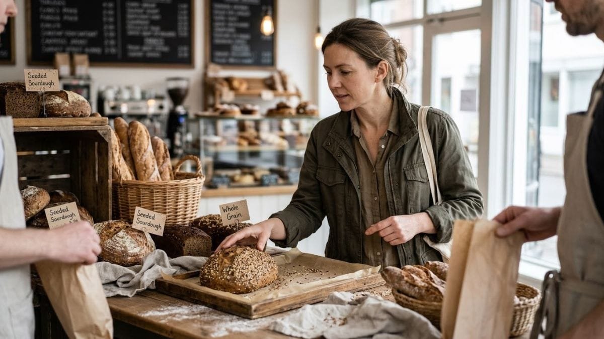 Woman choosing a loaf of whole grain bread, healthy swaps