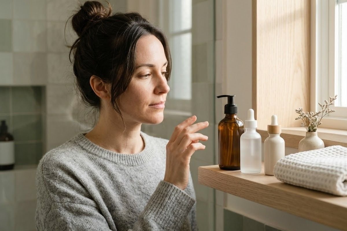 Woman choosing between natural skincare brands, plain unlabeled bottles on a bathroom shelf