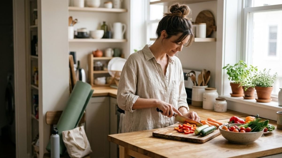 Woman chopping vegetables beside a rolled yoga mat