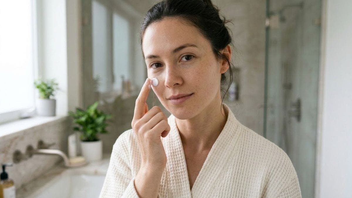 Woman dabbing sunscreen on her cheekbone in front of a bright mirror