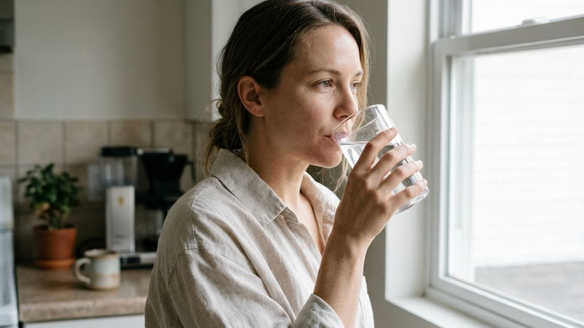Woman drinking a glass of water at a bright kitchen window