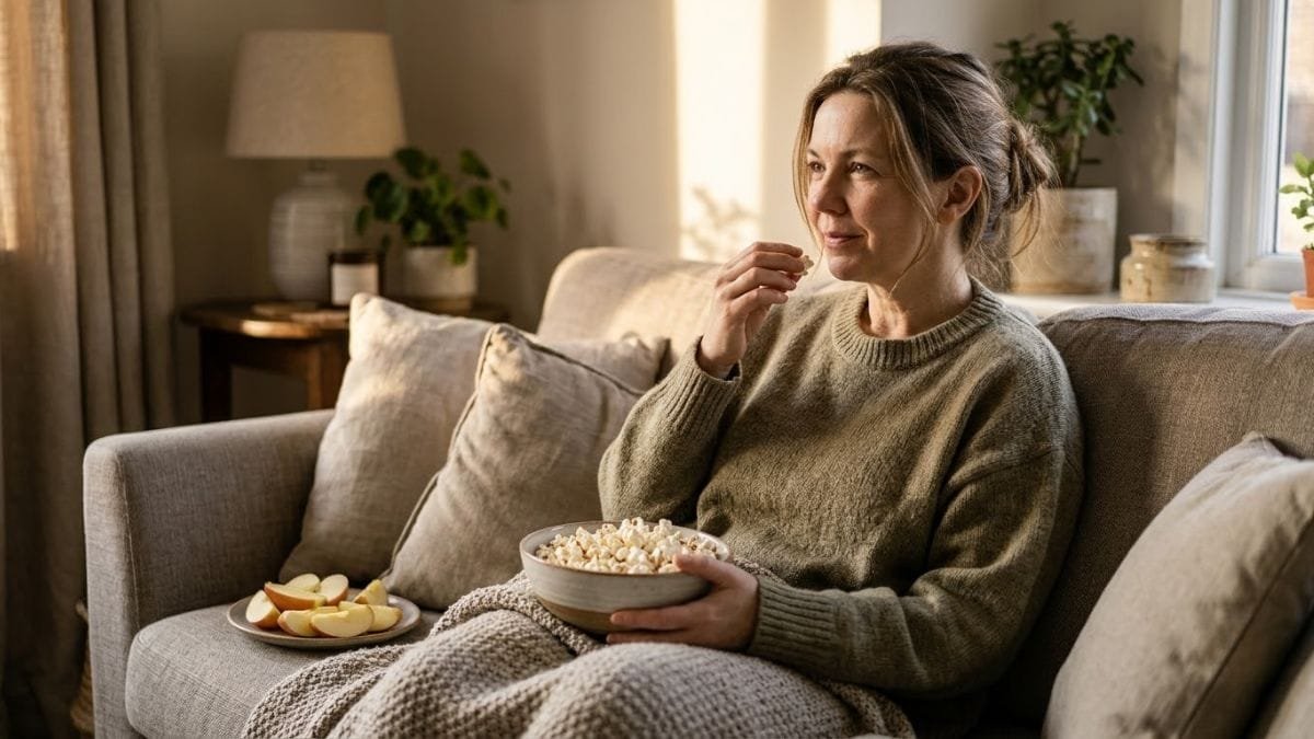 Woman enjoying a bowl of popcorn and sliced apple, healthy swaps