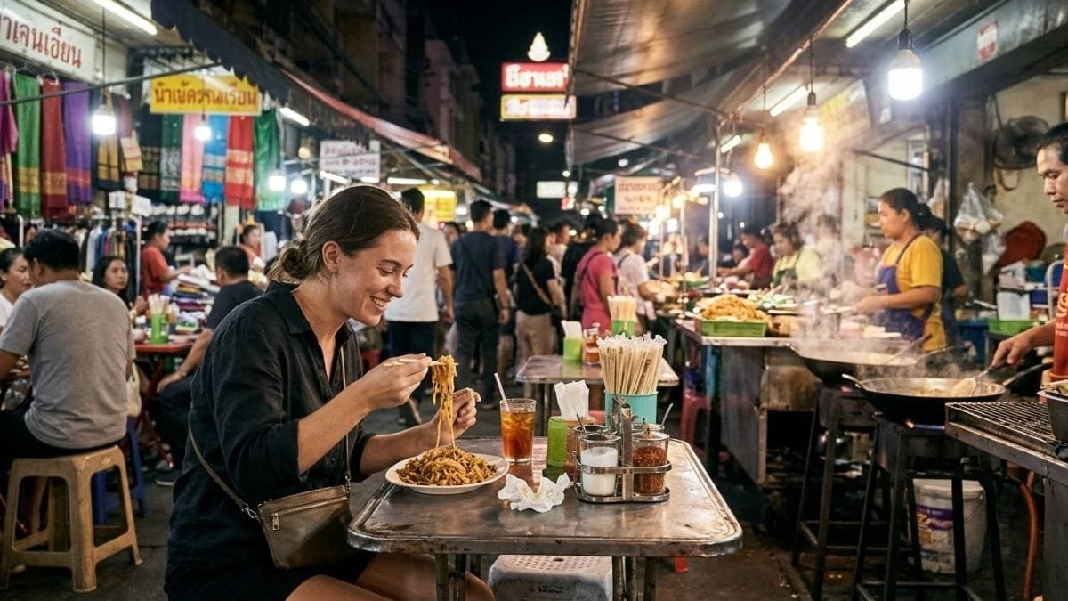 Woman enjoying street food at a night market stall, things to do in bangkok