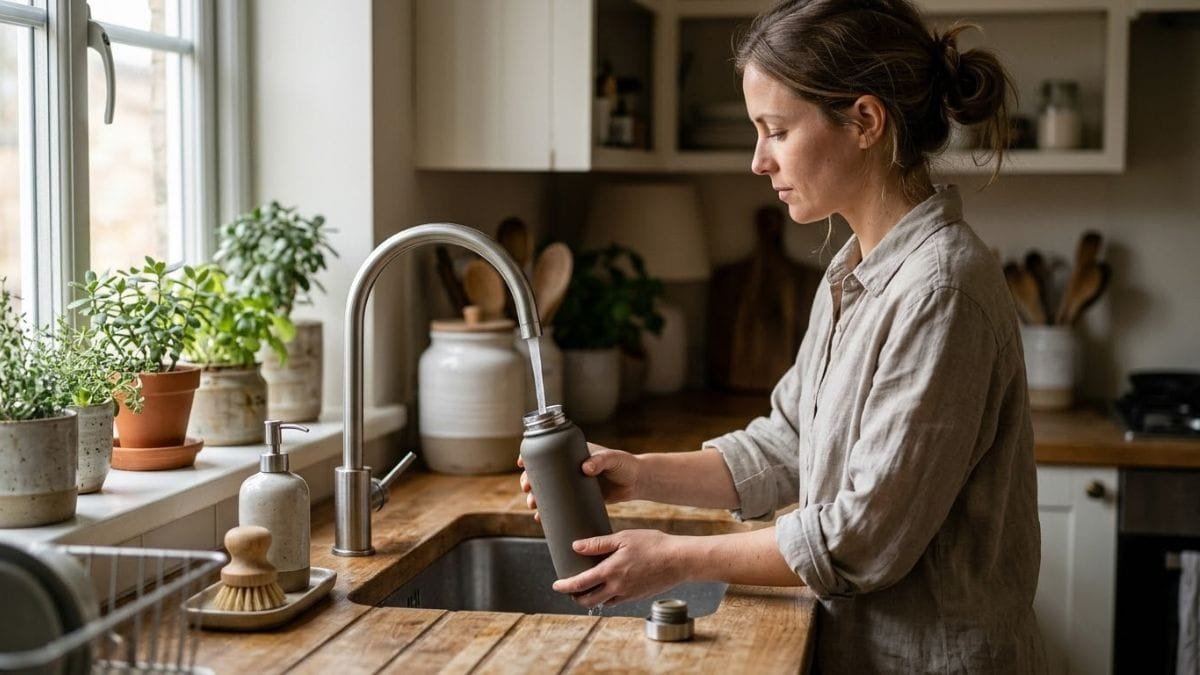 Woman filling a reusable water bottle at a kitchen sink