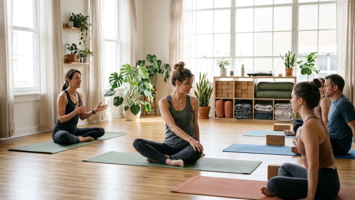 Woman following a female instructor in a beginner yoga class, can yoga help you lose weight