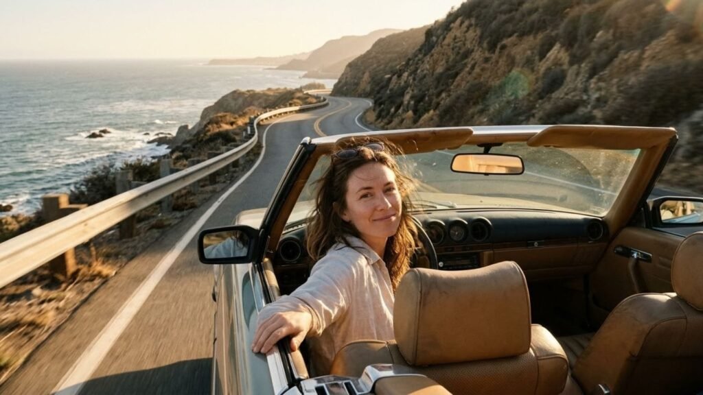 Woman in a convertible on a coastal highway, California road trip itinerary