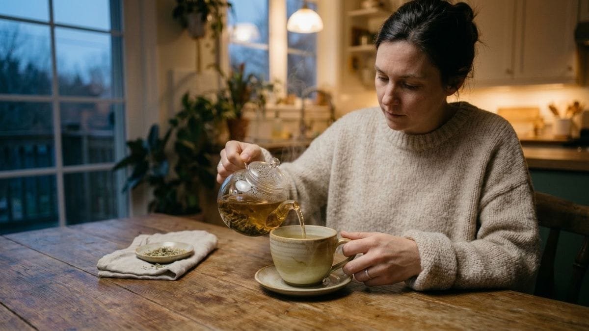 Woman pouring tea from a glass teapot into a small cup
