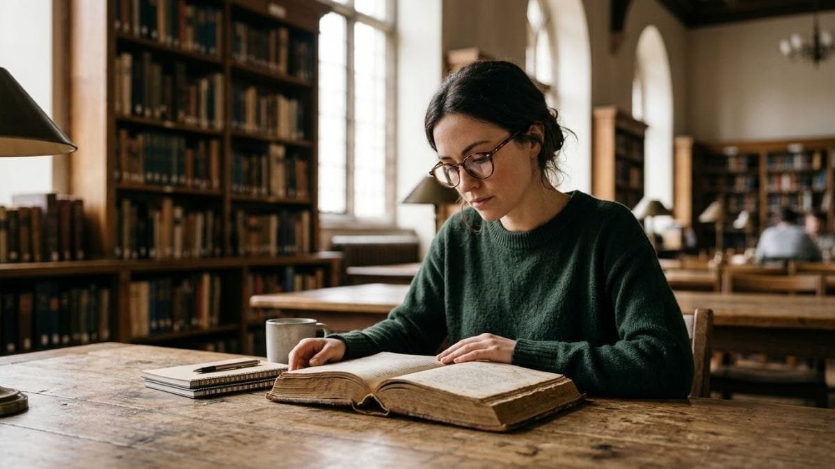 Woman reading an old book in a library, all is fair in love and war meaning