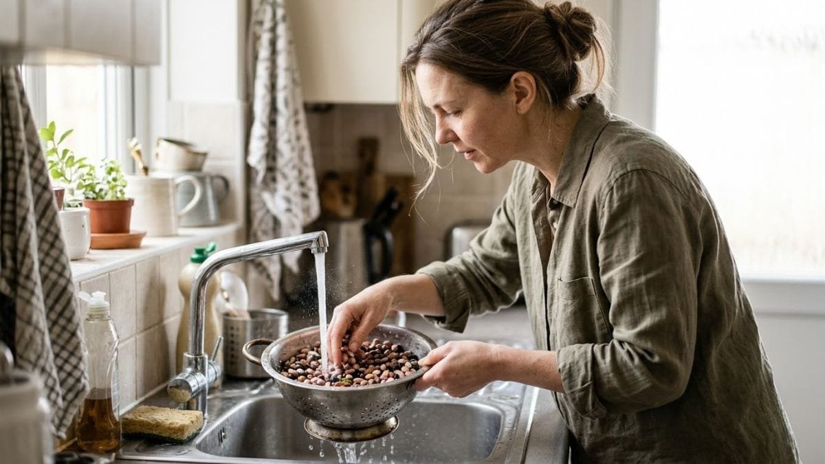 Woman rinsing beans in a colander under the tap
