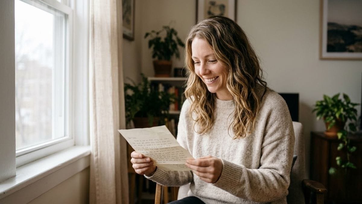 Woman smiling while reading a note by a window, signs of true love