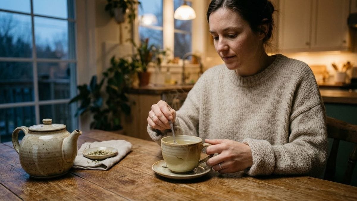 Woman stirring a cup of herbal tea at dusk, drinks to help sleep