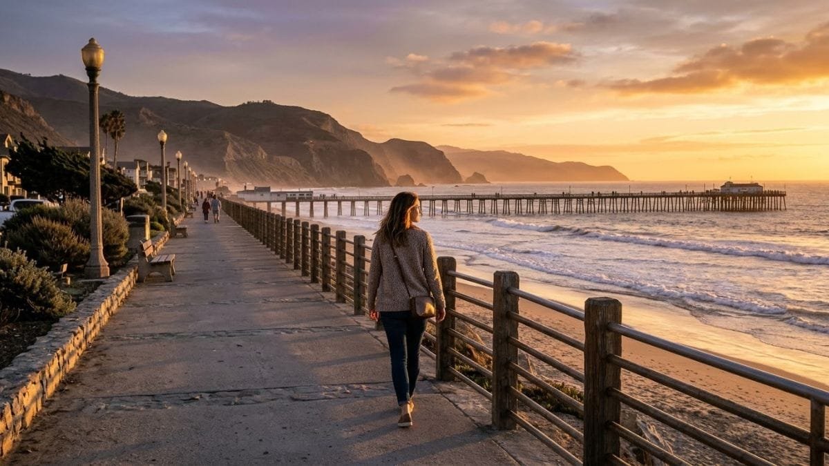 Woman walking on a beachfront promenade at sunset, california road trip itinerary