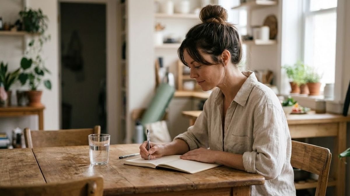 Woman writing weekly goals in a notebook, can yoga help you lose weight