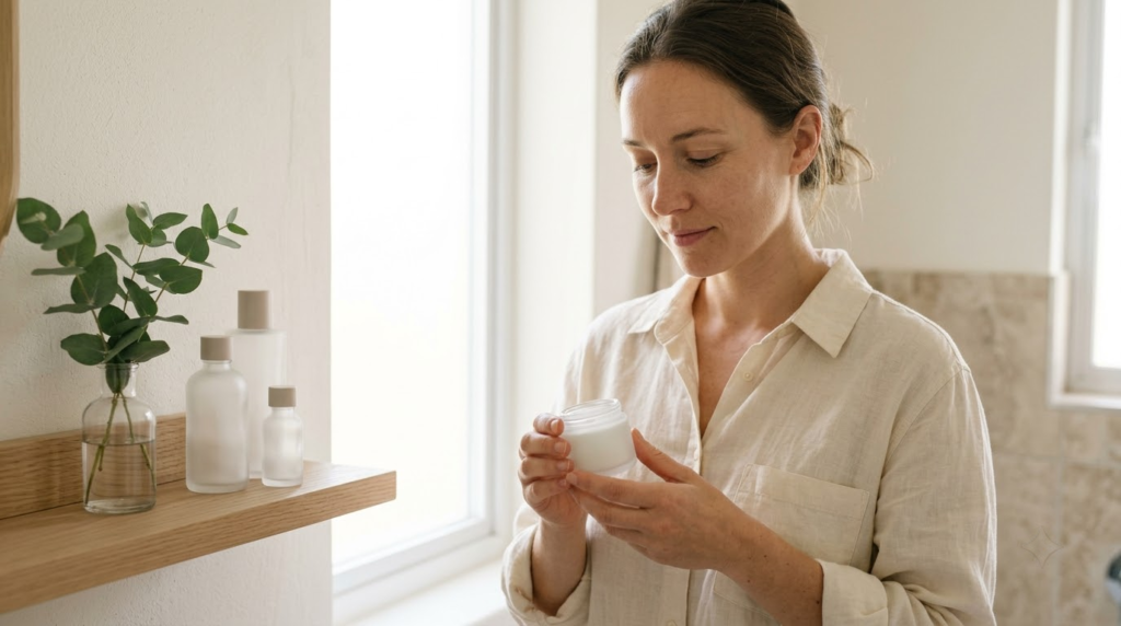Woman at a bright bathroom window examining a plain skincare jar beside a wooden shelf