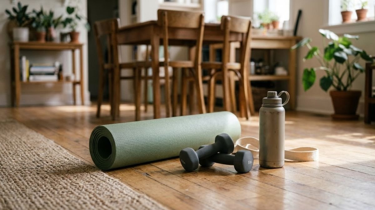  Yoga mat, dumbbells and water bottle in a bright room