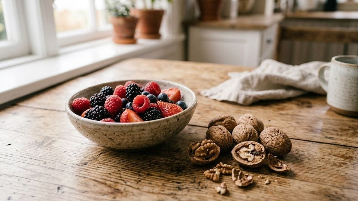 Bowl of colorful berries and walnuts on a wooden table