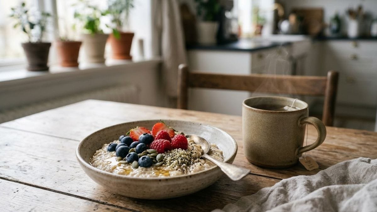 Bowl of oatmeal with berries beside a cup of tea