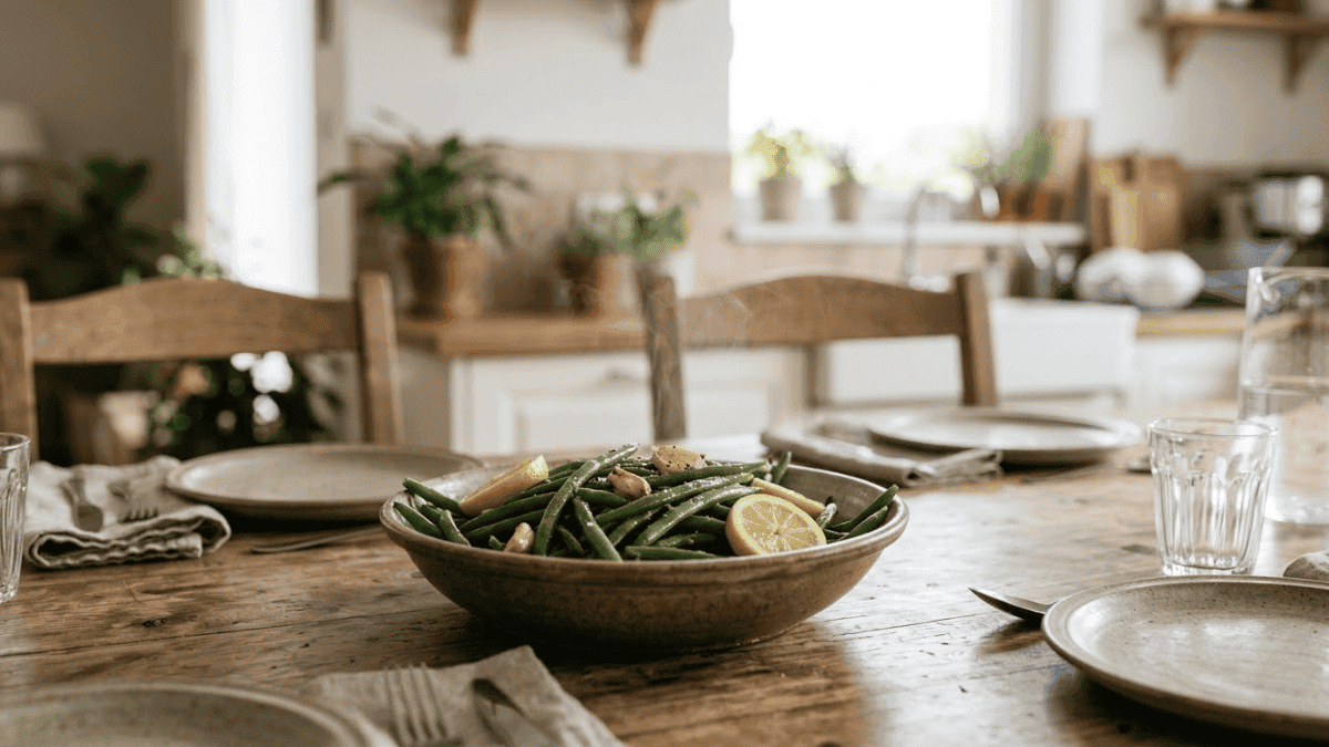 Bowl of steamed green beans with lemon slices on a table
