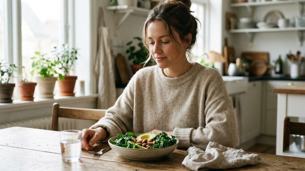 Calm woman at a kitchen table with greens, almonds and avocado, foods that help with anxiety